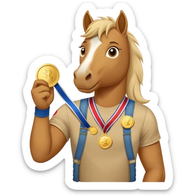 friendly anthropomorphised stallion in jeans and a t-shirt, holding a gold medal sticker