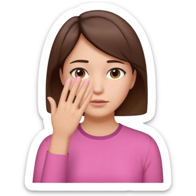 Woman with short brown hair and a pink shirt covering her face with her hand  sticker