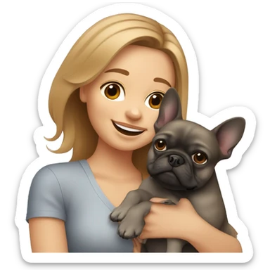 light brown hair woman hugging two dogs: a pomeranian and a dark gray french bulldog sticker
