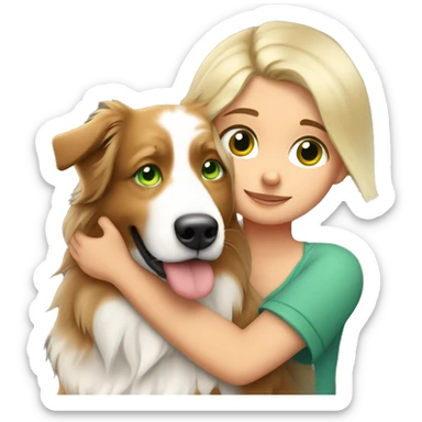 Blonde girl with green eyes hugs australian shepherd red tri sticker
