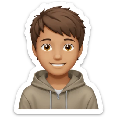 emoji of a teenage boy, short messy brown hair, wearing a hoodie, smiling sticker