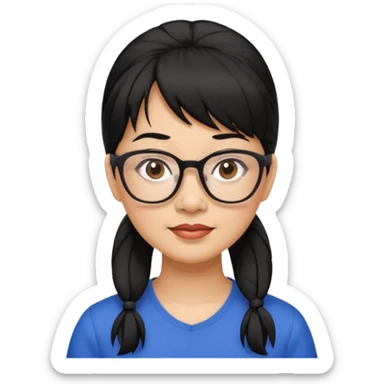 filipino woman black hair in one pony tail with straight bangs and big glasses, 50 yr old sticker