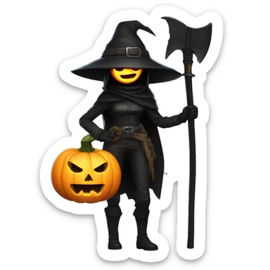 Human female pumpkin hunter with a scythe, glowing pumpkin eyes inside a black helmet, Halloween theme, emoji" sticker