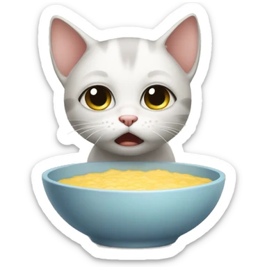 Sad crying kitten next to empty bowl sticker