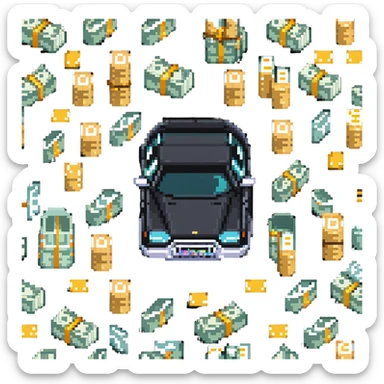 car with stacks of cash and a customer, representing easy vehicle loans sticker