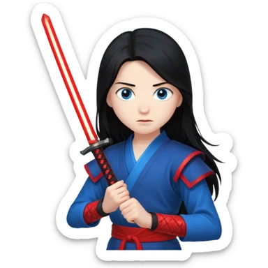 A 14 year old with red glowing katana and his hair be long and eye colour of blur sticker