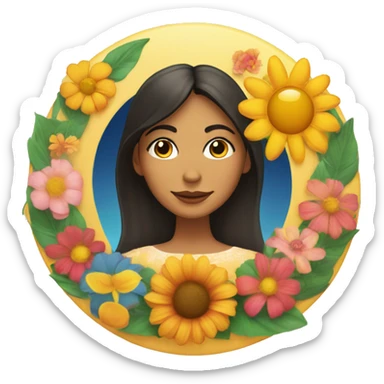 Latino woman's face inside a circle with a moon, flowers, and a sun in a line along the bottom of the circle. sticker