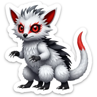 a white and silvery exotic edgy vernid-fionbr-Fakémon-creature, with black belly and red eyes, full body sticker