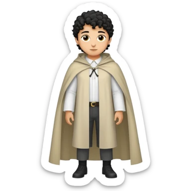 Apariencia: Joven de unos 25-30 años, atractivo,.
-Rostro: Ojos oscuros, piel ligeramente morena, rasgos árabes finos.
-Cabello: Negro, rizado corto, viste como cristiano (camisa blanca, capa corta, colores sobrios). Que salga de cuerpo completo sticker