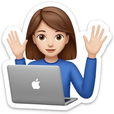 white girl with brown hair using a laptop, waving sticker