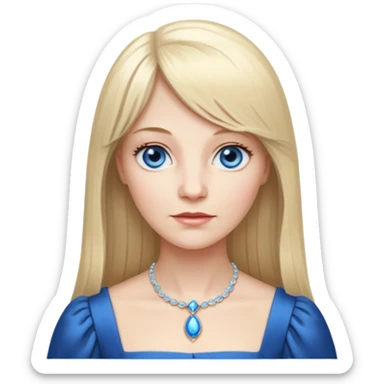 450 yr old white woman, pale skin, long straight blond hair parted in center, blue eyes, bangs, clothes for dinner sticker