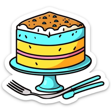 half-eaten cake with crumbs around it and a fork nearby sticker