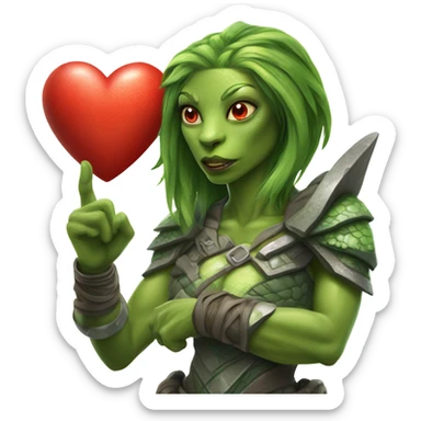 a Reptilian alien amazon woman full body, holding big red heart sticker
