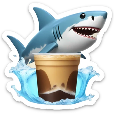 Shark surfing with an iced coffee sticker