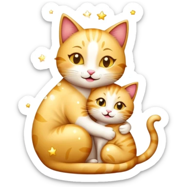 happy mom cat hugging her happy kitten, surrounded by sparkles, emoji style sticker
