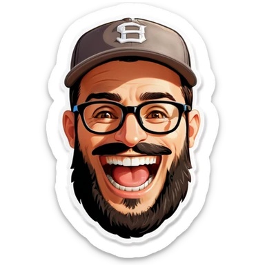 A man with a grey baseball cap, hazel eyes, big dark brown beard and glasses, laughing sticker