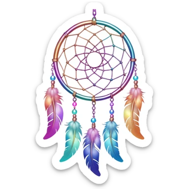 Iridescent pastel rainbow colorful transparent bright light luminescent dream-catcher hanging from an iridescent chain sticker