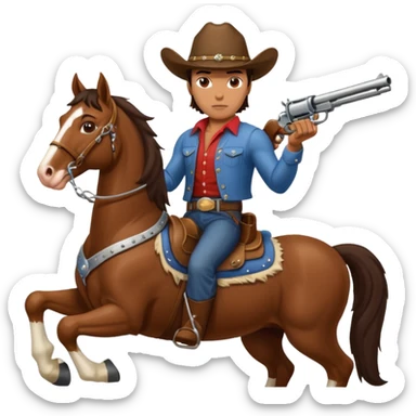 I need a very muscular brunette cowboy riding a large Clydesdale horse shooting a gun in both handles. sticker