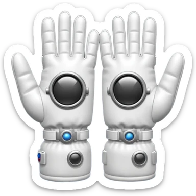 white pressurized astronaut gloves with metal wrist rings floating in space, 3D emoji style sticker