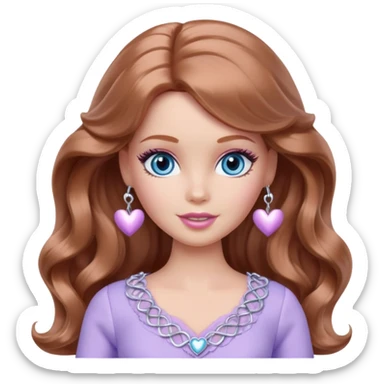 Barbie girl Chestnut long wavy hair and blue eyes is In pale purple clothes There are silver hearts all around sticker
