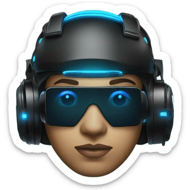 cyberpunk hacker wearing black vr headset, with blue neon lights sticker