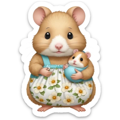 Mama white pretty hamster girl wearing white floral dress holding a baby hamster wearing nappy and dummy sticker