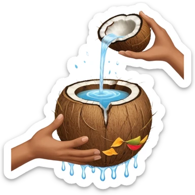 two hands with water in it, pouring the water down onto a full coconut sticker