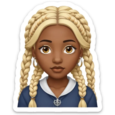 A dark-skinned woman with long blonde hair styled into two thick braids. She has large golden-brown eyes and arched eyebrows. Her face is decorated with piercings: a silver eyebrow ring, a nose stud, and a lip ring. sticker