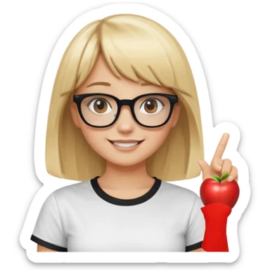 smiling girl with blonde hair, bangs, and brown eyes, wearing black square glasses and a white oversized T-shirt, pointing her finger up to the right, Apple emoji style sticker