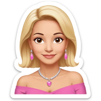 Puerto Rican actress Linette Torres in her 50s with warm light skin, sweet loving expression, gentle kind eyes, well-defined eyebrows, straight nose, warm smile, shoulder-length blonde hair, wearing a pink off-shoulder strapless top and a necklace sticker