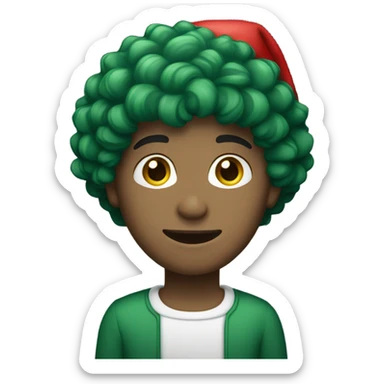 Unisex person short curly dark green hair in a red Santa hat  sticker
