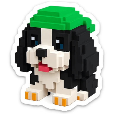 A black and white Russian Cocker Spaniel puppy wearing a green durag, voxel style, facing forward sticker