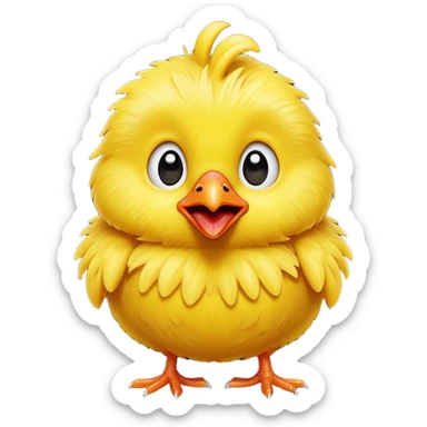 Cinematic Comical Yellow Baby Chicken Portrait Emoji, Head tilted dramatically with an exaggeratedly amused expression, featuring a striking, fluffy yellow downy coat with a tiny quirky red comb, wide, expressive beady eyes filled with playful disbelief, Simplified yet hilariously expressive features, highly detailed, glowing with a slightly sassy glow, high shine, dramatic yet playful, stylized with an air of cheeky mischief, bright and endearing, soft glowing outline, capturing the essence of a spirited and over-the-top chick, so meme-worthy it feels like it could peep its way into internet fame instantly! sticker