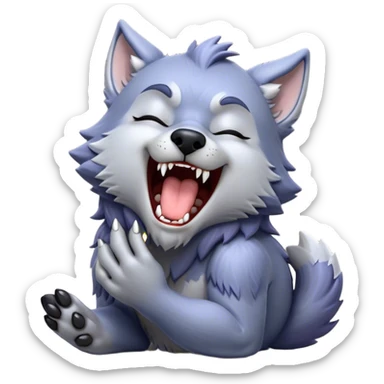 Cinematic Cute Yawning Werewolf Portrait Emoji, with a cuddly, miniature lupine form in soft moonlit grays and silvers, head leaning back in a big, adorable yawn that reveals a few fuzzy teeth, simplified yet irresistibly charming, highly detailed with a soft glowing outline that captures the drowsy, playful essence of a werewolf mid-nap! sticker