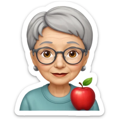 emoji of an elderly woman with wrinkles, short hair, glasses, friendly expression, Apple emoji style sticker