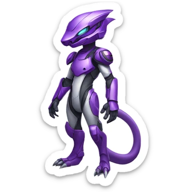 A purple Reptile-Raptor-Genesect-Mewtwo-Fakémon, with a futuristic visor-helmet, wearing a techwear-suit, Full Body sticker