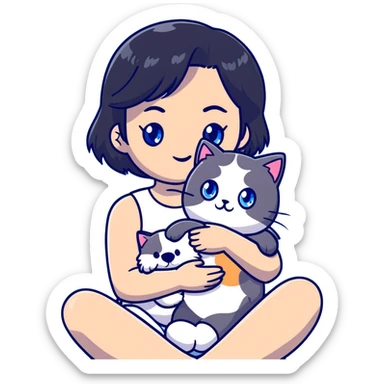 Cute Asian girl with black hair cradling a fluffy ragdoll cat with blue eyes sticker