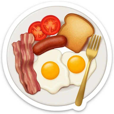 English breakfast full English breakfast with eggs, bacon, sausage, beans, toast, and tomato оn a beautiful white plate with a gold fork sticker