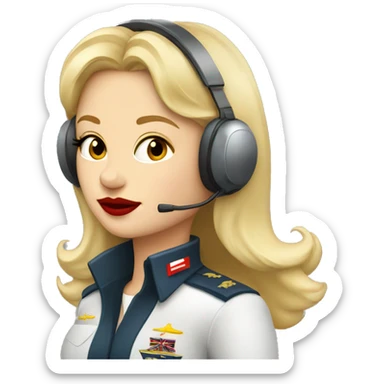 Blonde Russian pilot girl with red lips with airplane pilot headset   sticker