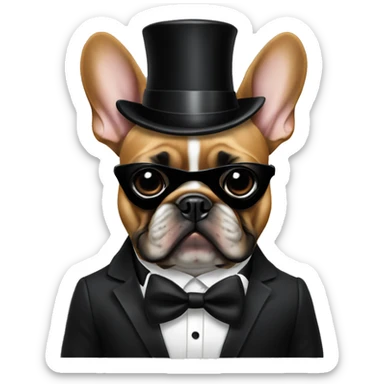 Fawn frenchie with black mask wearing a tuxedo sticker