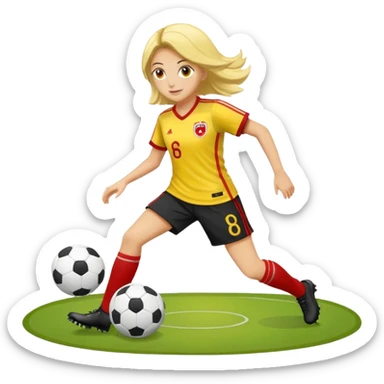 kumral bir kadın sarı kırmızı bir formayla futbol oynuyor sticker