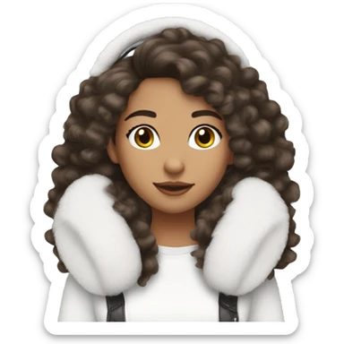 Brunette long  hair with curls pretty girl wearing white faux fur earmuffs  sticker