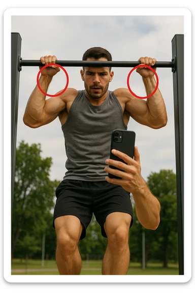 uomo che fa Muscle up e si sta filmando davanti con il telefonino per vedere la sua posizione dei gomiti e delle mani sulla sbarra, fai dei cerchi per indicara i gomiti sticker