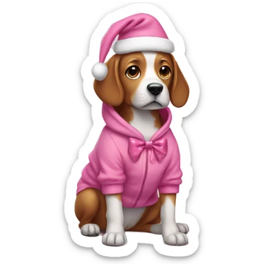 Dog wearing a pink Christmas hoodie with a pink bow sticker