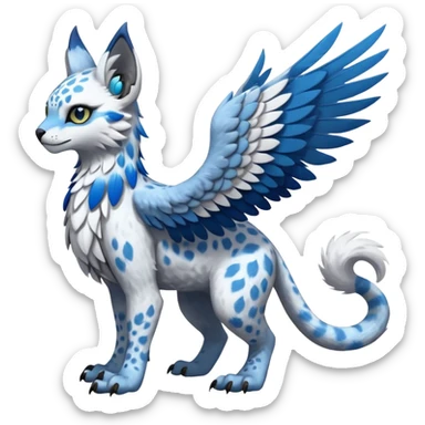 Winged hyper-realistic Feral Rare realistic edgy cute, white, blue, beautiful handsome gorgeous aesthetic colorful vibrant Vernid-Trico-Silvally-Nargacuga-Gryphon-Snow-Leopard-fusion-hybrid-species-Fakemon-creature by LiLaiRa, splotch-rosettes fur markings, rounded ears, full body sticker