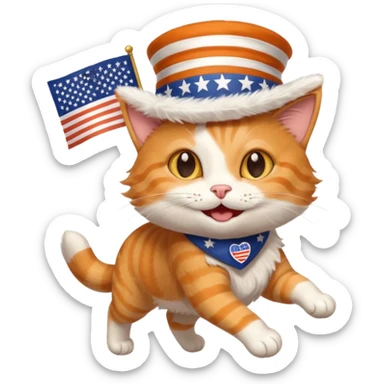 happy cat running for president with an "i voted" sticker and an american flag hat sticker