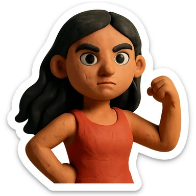 strong girl with brown eyes, flesh-colored skin, long slightly wavy black hair sticker