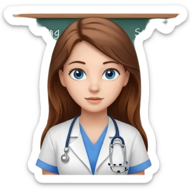 inside a classroom at university that says nursing school on the board with a pretty female nursing student with long brown hair, blue eyes sticker