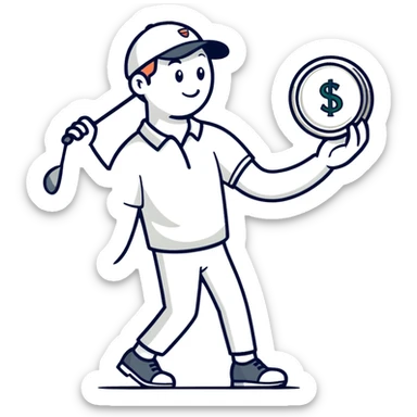 A male golfer holding a large nickel in his hand sticker