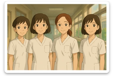 Four young nurses standing side by side, Ghibli style, white short-sleeved medical tunics with V-neck collars and left chest pockets, light fabrics. School or hospital ambiance, soft background, faces inspired by provided images, no visible medical accessories. sticker